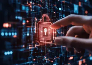 SaaS Data Compliance, image of a digital lock on a field of digital lines with a woman's fingers touching the lock